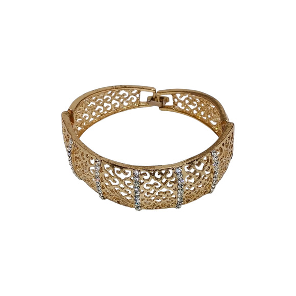 🍭3 for 20 - Gold Tone Filigree Clasp Bracelet Rhinestones 7" Sparkle Pretty - Picture 3 of 9